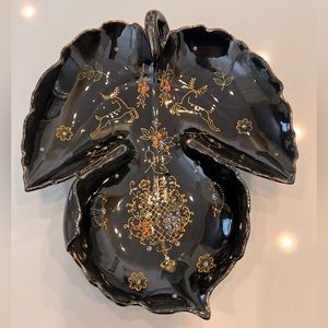 Vintage Mid Century Occupied Japan Glazed Ceramic Black Leaf Shaped Dish